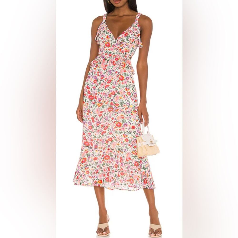 ASTR the Label Wildflower Ruffle Cutout Floral Midi Dress Red Pink Womens Size M